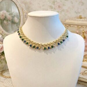 Vintage 1960s Gold Tone Choker Necklace With Emerald Green & Blue Jewels